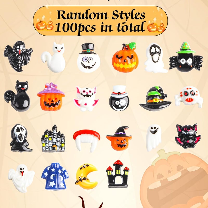 FOIMAS Halloween Resin Flatback Charms,100pcs Pumpkin Ghost Spider Embellishment Resin Miniatures for Halloween Ornament Supply - Image 2
